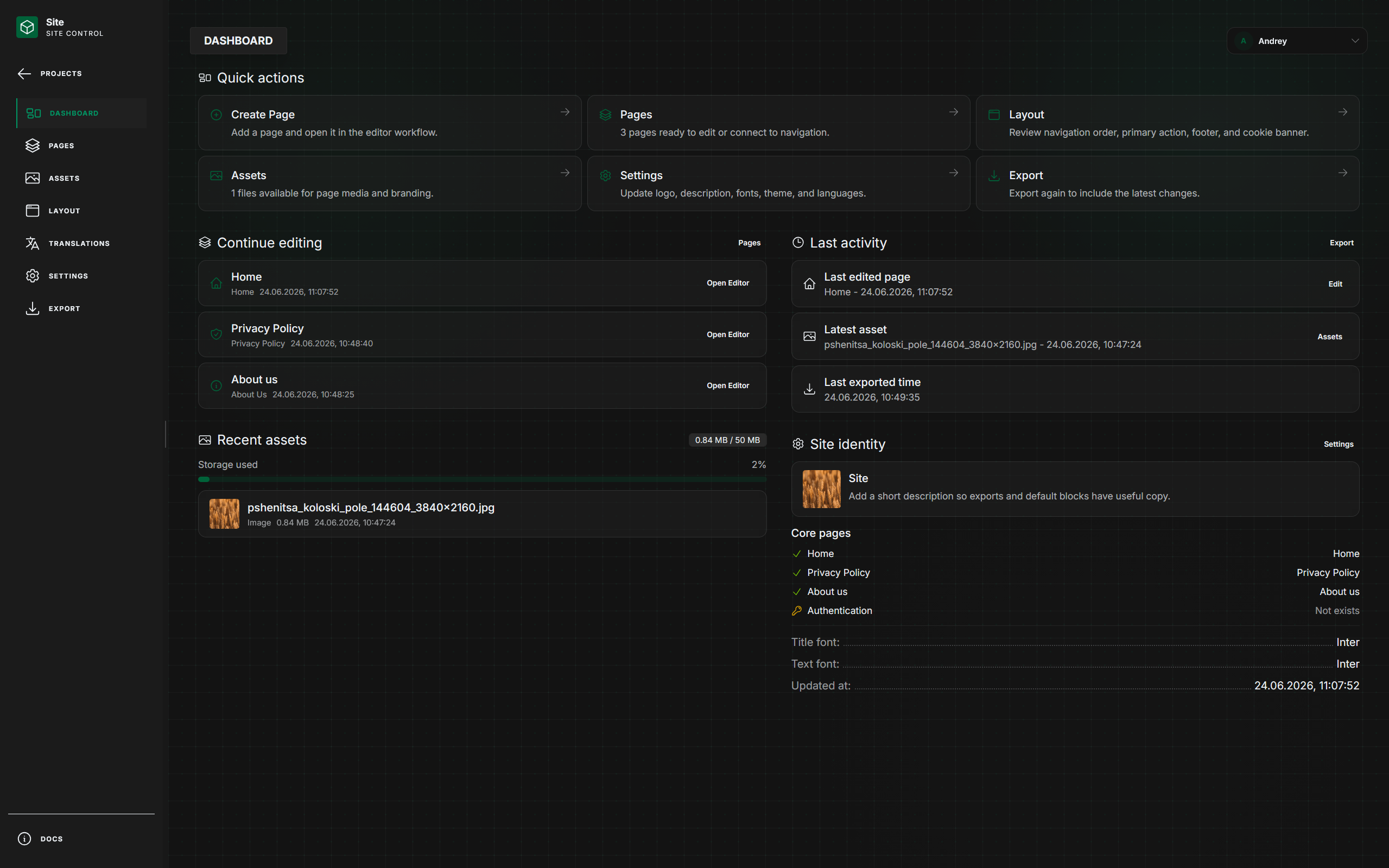 Site control dashboard preview
